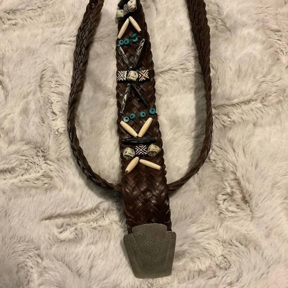 WOMEN’S Woven Belt with Beaded Aztec Embellishment and Silver Buckle
